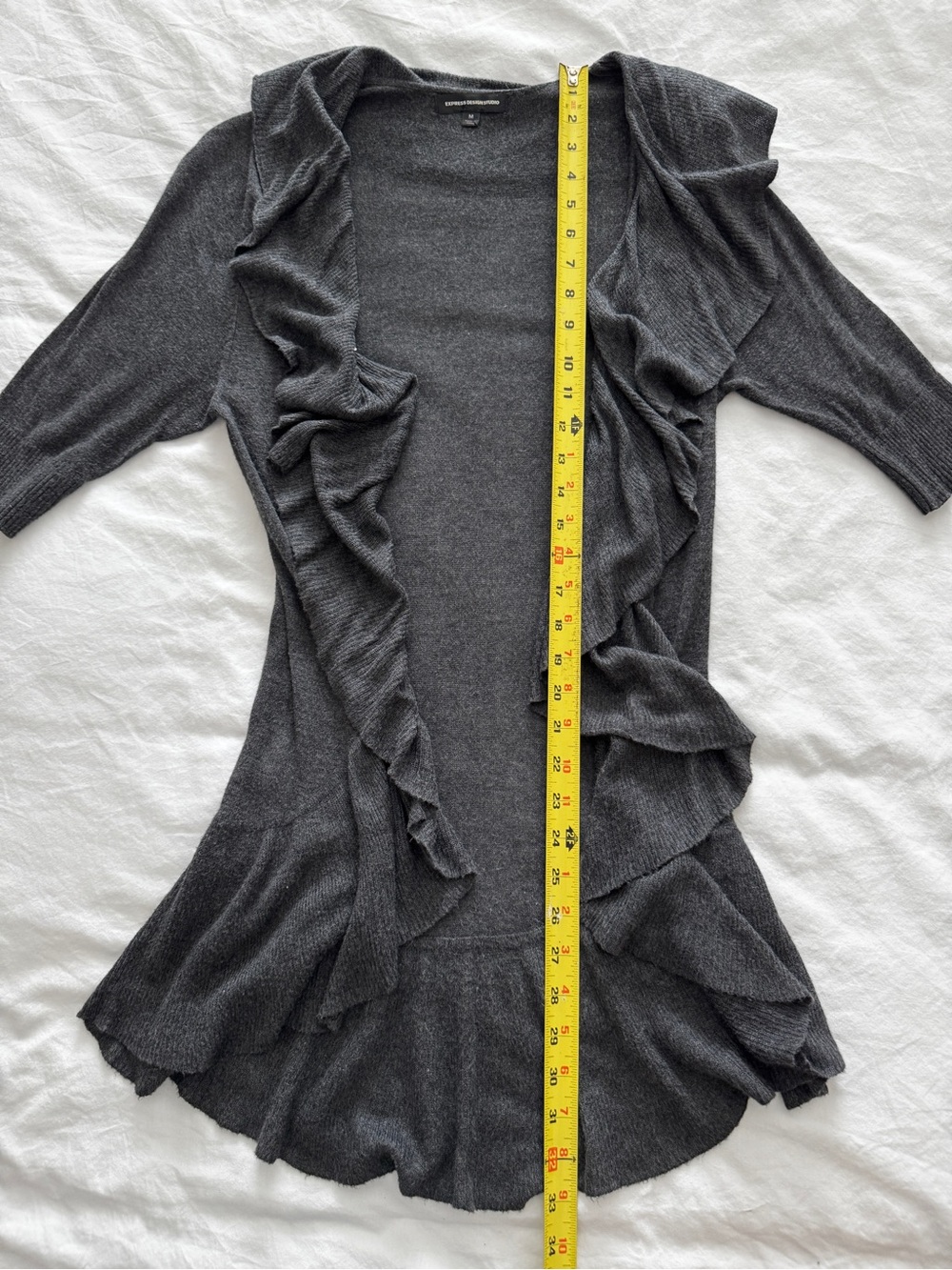 Express Dark Gray Ruffle Open-Front Cardigan - Picture 3 of 13
